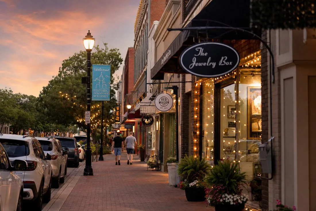 A local main street of independent small businesses lit up at dusk