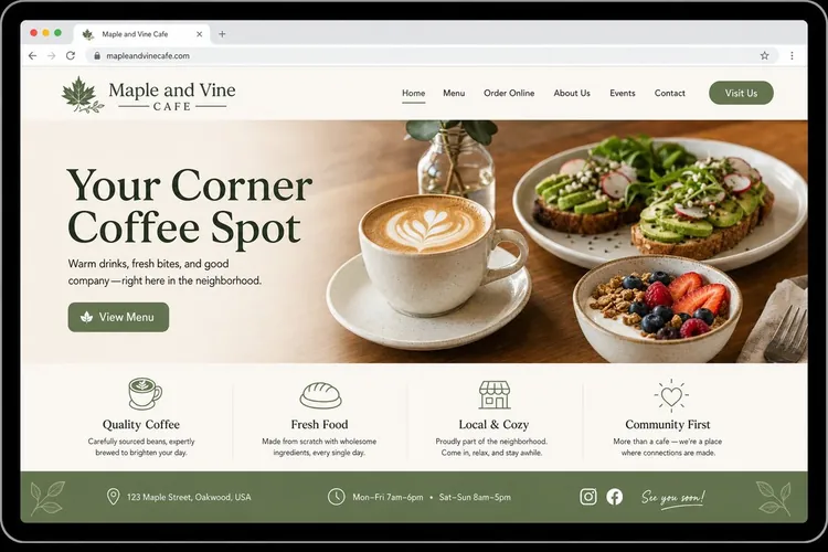 Website mockup for Maple & Vine Cafe, a cafe business