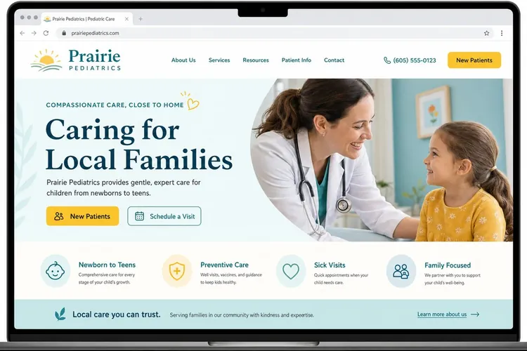 Website mockup for Prairie Pediatrics, a pediatric clinic business