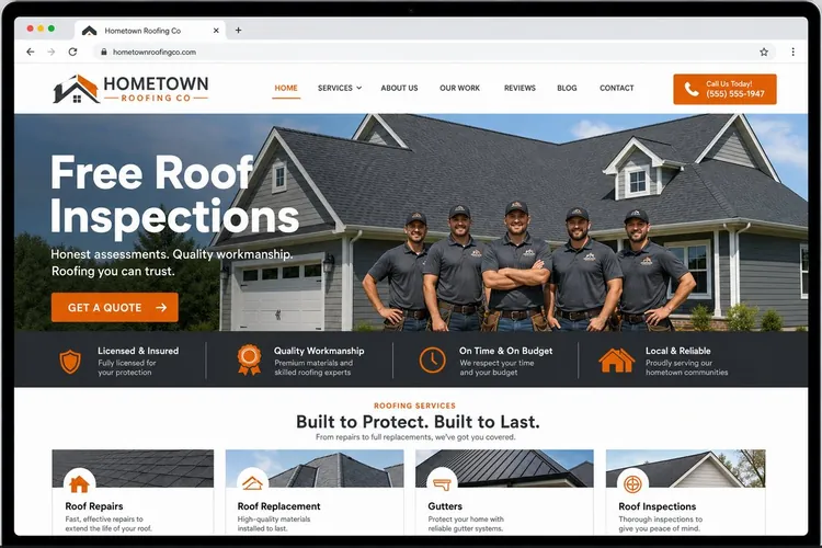 Website mockup for Hometown Roofing Co, a roofing business