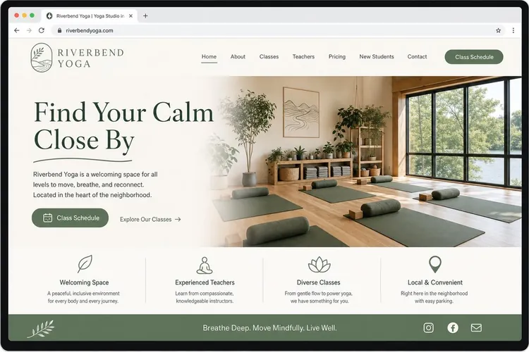 Website mockup for Riverbend Yoga, a yoga studio business